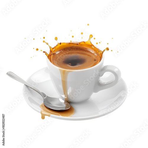 Coffee Cup With Splash and Spoon on White Background During Daytime