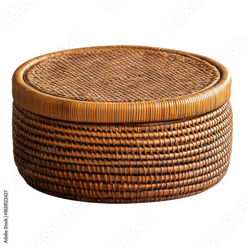 Round Woven Basket Placed on a Surface, Showcasing Intricate Craftsmanship an...