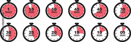 Set of timer clock faces and stopwatch icons. The countdown timer displays hours and minutes. Stopwatch shows intervals ranging from 5 to 60 minutes. Kitchen timer icon with minutes. Vector