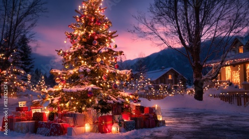 A Christmas tree with lights and ornaments is surrounded by a lot of presents. The scene is set in a snowy area with a house in the background. Scene is festive and joyful