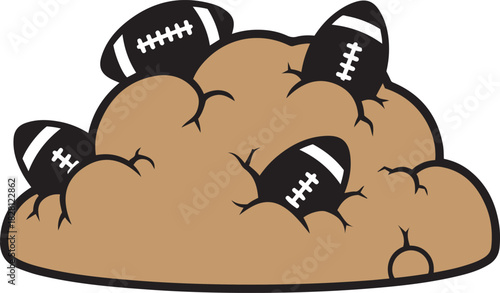 Black American footballs emerging from a cracked brown mound with black outlines sport game