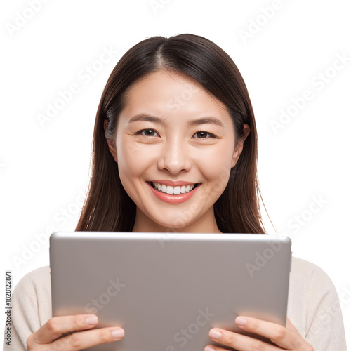 Woman Smiling While Holding a Tablet, Showcasing a Positive and Engaged Expre...