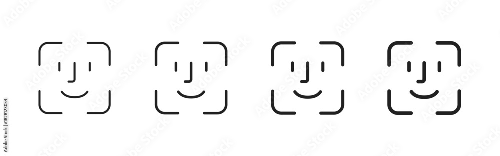 Naklejka premium Face ID icon. Simple biometric scan symbol for secure user verification vector. Clean recognition for device access sign. Minimal passwordless authentication concept pictogram.