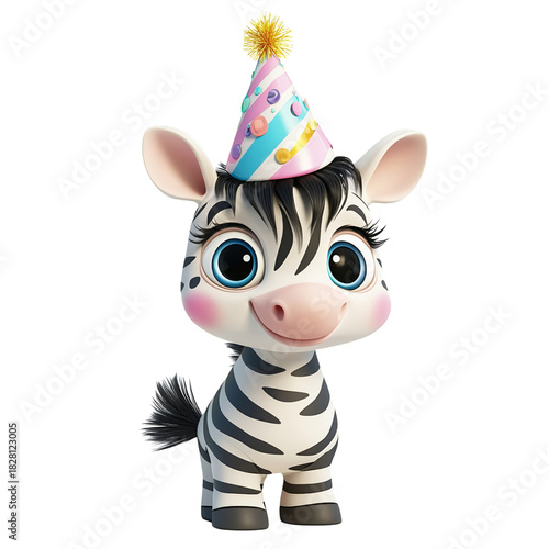 Cute Cartoon Zebra Wearing a Party Hat and Smiling Joyfully for a Birthday Ce...