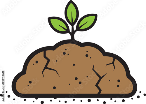 Brown soil mound with green sprout and cracked texture on white background dirt earth