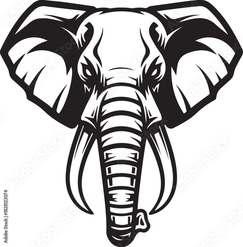 African Elephant Head Mascot with Large Tusks - Black and White