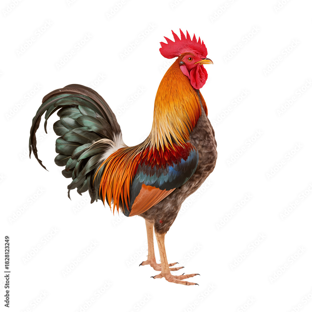 Fototapeta premium Colorful Rooster Stands Proudly With Vibrant Feathers in Bright Daylight