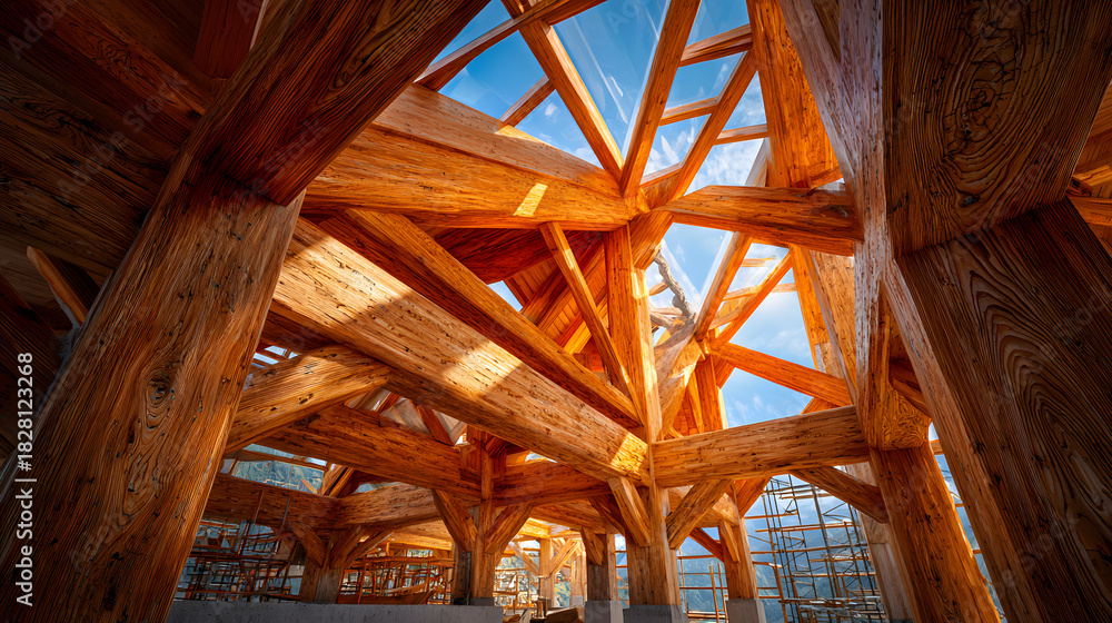 Obraz premium Massive wooden structural framework glows under bright sunlight during construction