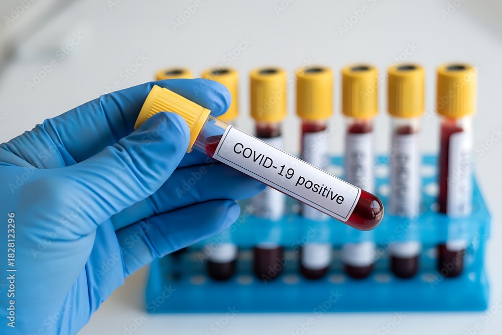 Obraz premium COVID19 Blood Test Results Showing Positive Diagnosis Held by Medical Professional in Blue Gloves in a Lab Setting