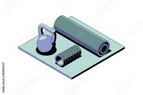 Fitness equipment including a yoga mat, kettlebell, and foam roller are laid out.