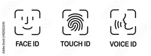 Biometric icon set. Face, fingerprint and voice recognition symbols for secure authentication vector. Modern identity scan for safe access sign. Digital protection concept pictogram.