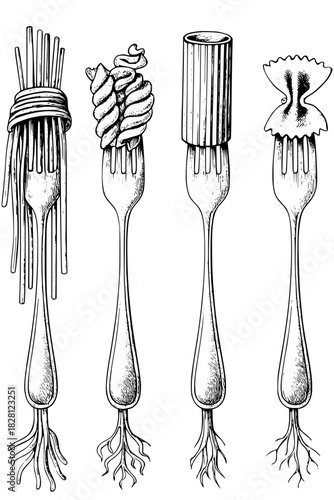 A meticulously detailed illustration showcasing an assortment of pasta varieties elegantly twirled on forks, highlighting diverse textures, shapes, and culinary artistry.