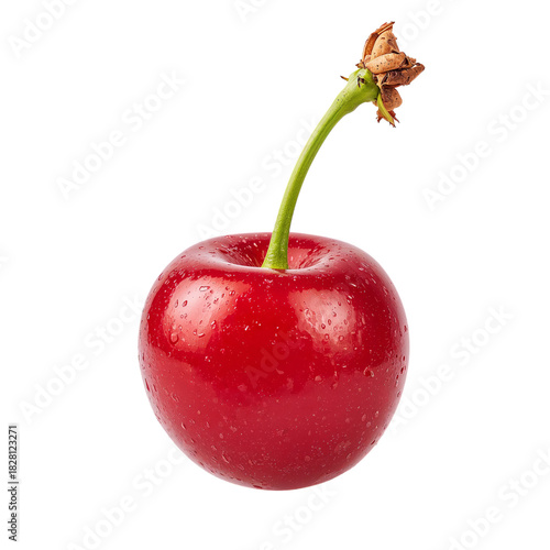 Fresh Red Cherry With Water Droplets on a White Background Showcasing Its Nat...