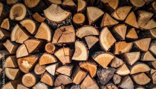 A neatly stacked woodpile of birch firewood: round and semicircular logs with pronounced annual rings, light wood and dark bark along the edges.