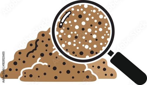 Magnifying glass over pile of brown soil with black and white dots dirt research