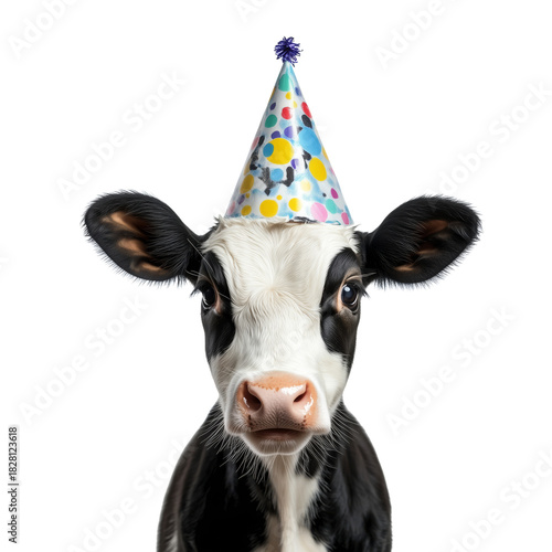 Happy Cow Celebrating With a Party Hat for a Fun Event at a Farm