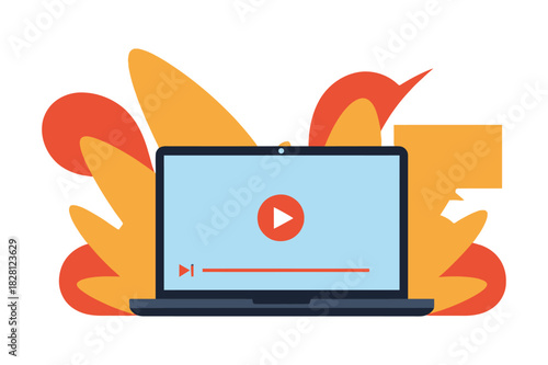 Laptop displaying a play button and progress bar on screen