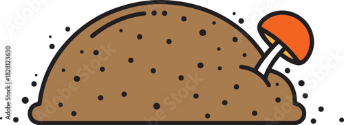 Simple cartoon illustration of a brown mound of dirt with a small orange mushroom growing from it soil 1