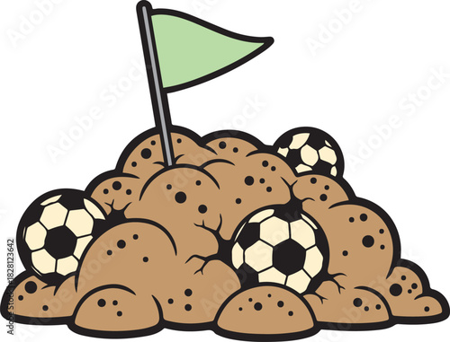 Pile of brown dirt mounds with soccer balls and a green flag on top football sports