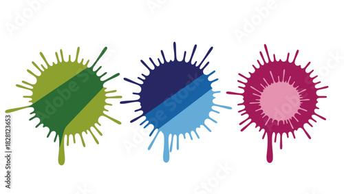 Set of three colorful vector ink splatters and drips for website banners, art backgrounds, and kids product packaging, transparent background SVG version.