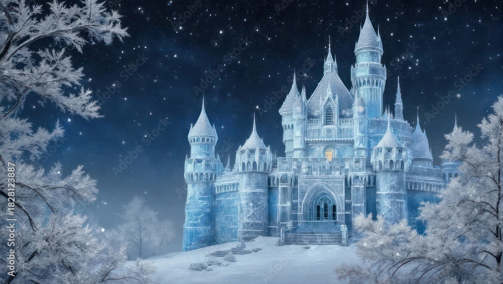 Obraz premium A frosted castle glows under a starry night sky, with snowy trees framing the scene