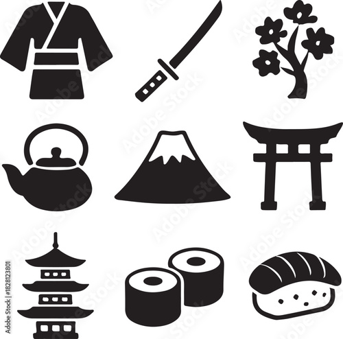 Japanese traditional culture icons set: kimono, katana, fuji, torii, sushi