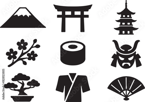 Japanese cultural icons set including mount fuji, torii, pagoda, sushi, kimono