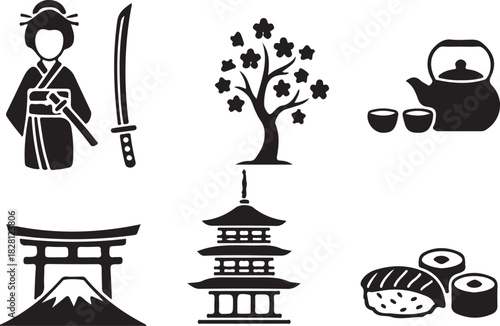 Japanese culture flat icons: geisha, katana, sakura, tea, sushi, torii, pagoda