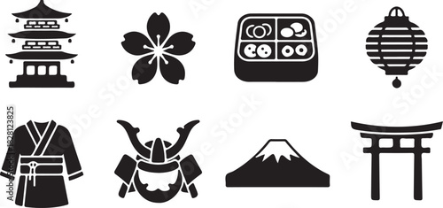Traditional japanese culture travel icons vector set with pagoda, sakura, bento box, fuji