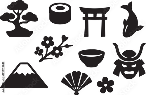 Traditional japanese cultural icons, nature, food, and historical symbols