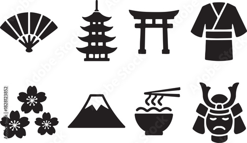 Vector set of traditional japanese culture icons including pagoda and kimono.