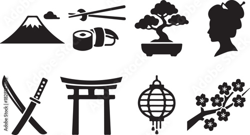 Classic japanese culture icon set: fuji, sushi, bonsai, geisha, katana, torii.