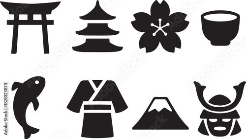Traditional japanese culture icon set with symbols, landmarks, and items