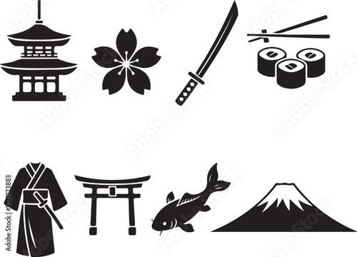 Japanese culture symbols, featuring pagoda, sakura, katana, sushi, kimono, torii