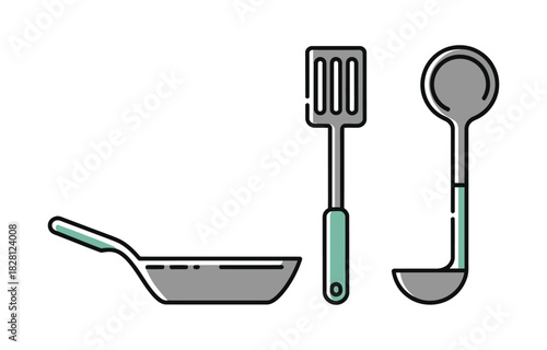 A frying pan, spatula, and ladle are neatly arranged against a white background.