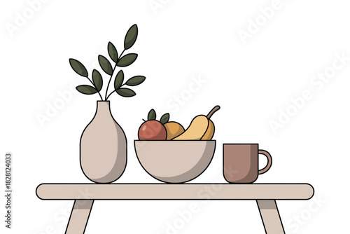 A still life illustration depicts a vase of leaves, a bowl of fruit, and a mug on a table.