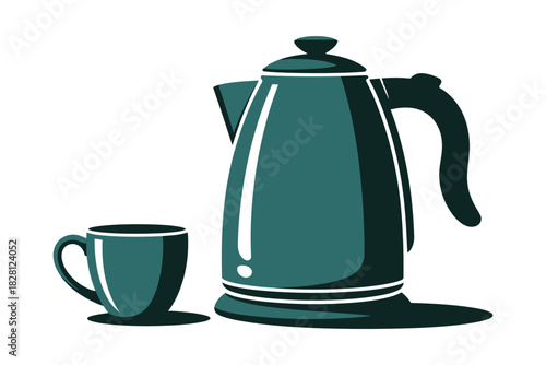 A teal electric kettle and cup sit on a white background.