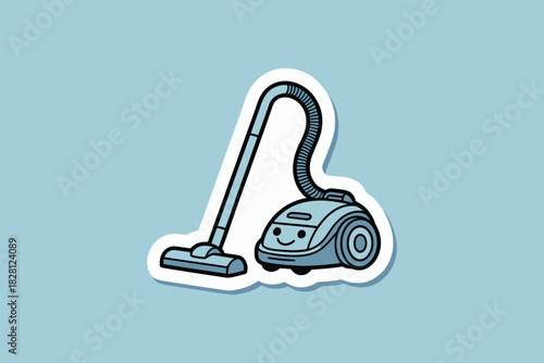 A cute cartoon vacuum cleaner is depicted with a friendly face on a light blue background.