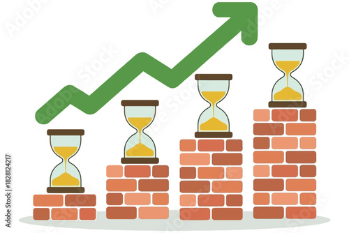 Time is money as hourglasses mark progress on a rising stock graph.