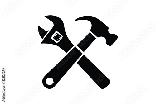 A wrench and hammer are crossed to represent tools and repair.