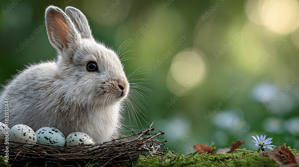 Fototapeta premium Adorable Easter bunny with speckled eggs in a natural outdoor setting