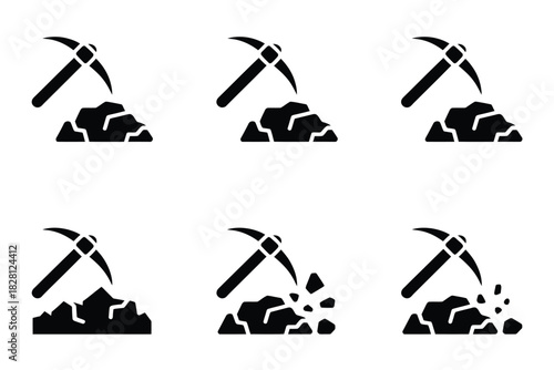 A pickaxe is shown breaking apart a pile of coal in a series of illustrative steps.