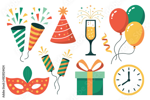 A collection of festive party elements includes confetti poppers, a party hat, a champagne glass, balloons, a mask, a gift, and a clock.