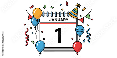 A calendar icon celebrating the New Year. The calendar shows the date JANUARY 1 (January 1) surrounded by party decorations such as balloons, party hats, bunting flags, streamers, and confetti.