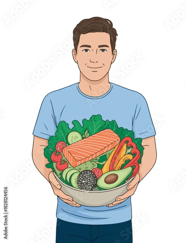 A man holds a large bowl filled with a healthy salad and a piece of salmon.