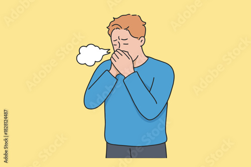 A man coughs and exhales a cloud of mist, representing illness or poor air quality.