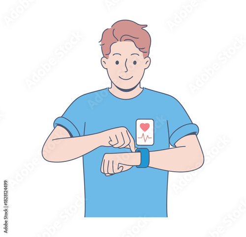 A man checks his heart rate on a smartwatch, symbolizing health and technology.