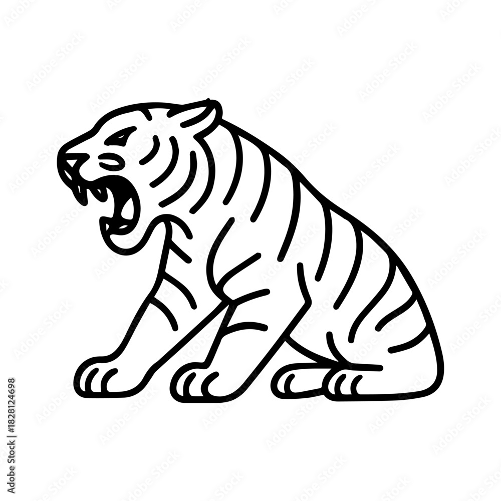 Fototapeta premium Tiger roars vector line icon on a white background Vector line icon on a white background