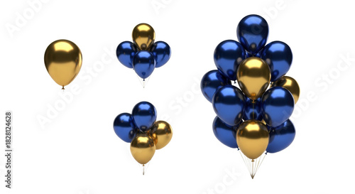 photorealistic 3d rendered cluster of brilliant chrome gold and deep metallic blue mylar balloons floating on a seamless white background with copy space. Luxurious birthday celebration atmosphere