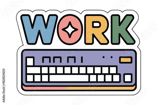 The word "WORK" is displayed above a stylized keyboard.